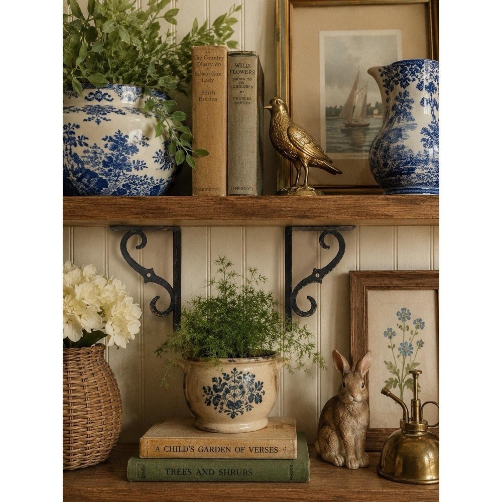 Italian Wrought Iron Wall Shelf Brackets Pair 6" Scroll Corbel Rustic Farmhouse